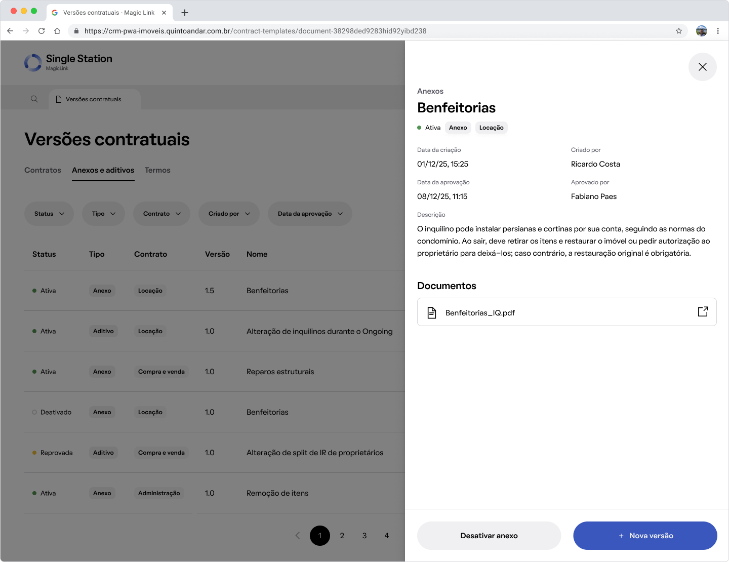 Attachment template version details and approval status