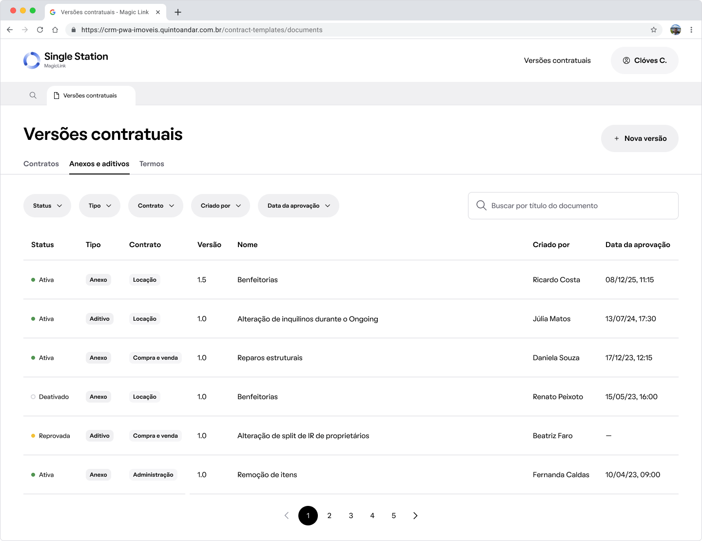 Attachment template management, versions list screen