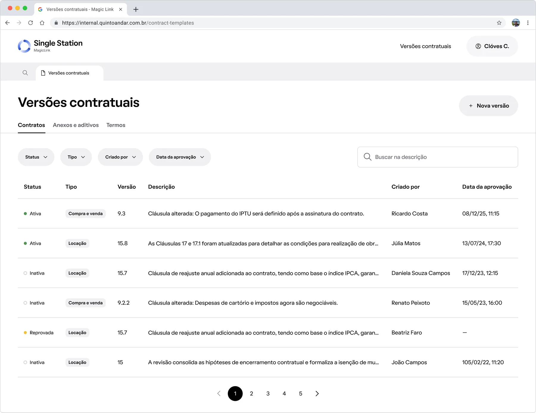 Contract Template Management, versions list screen