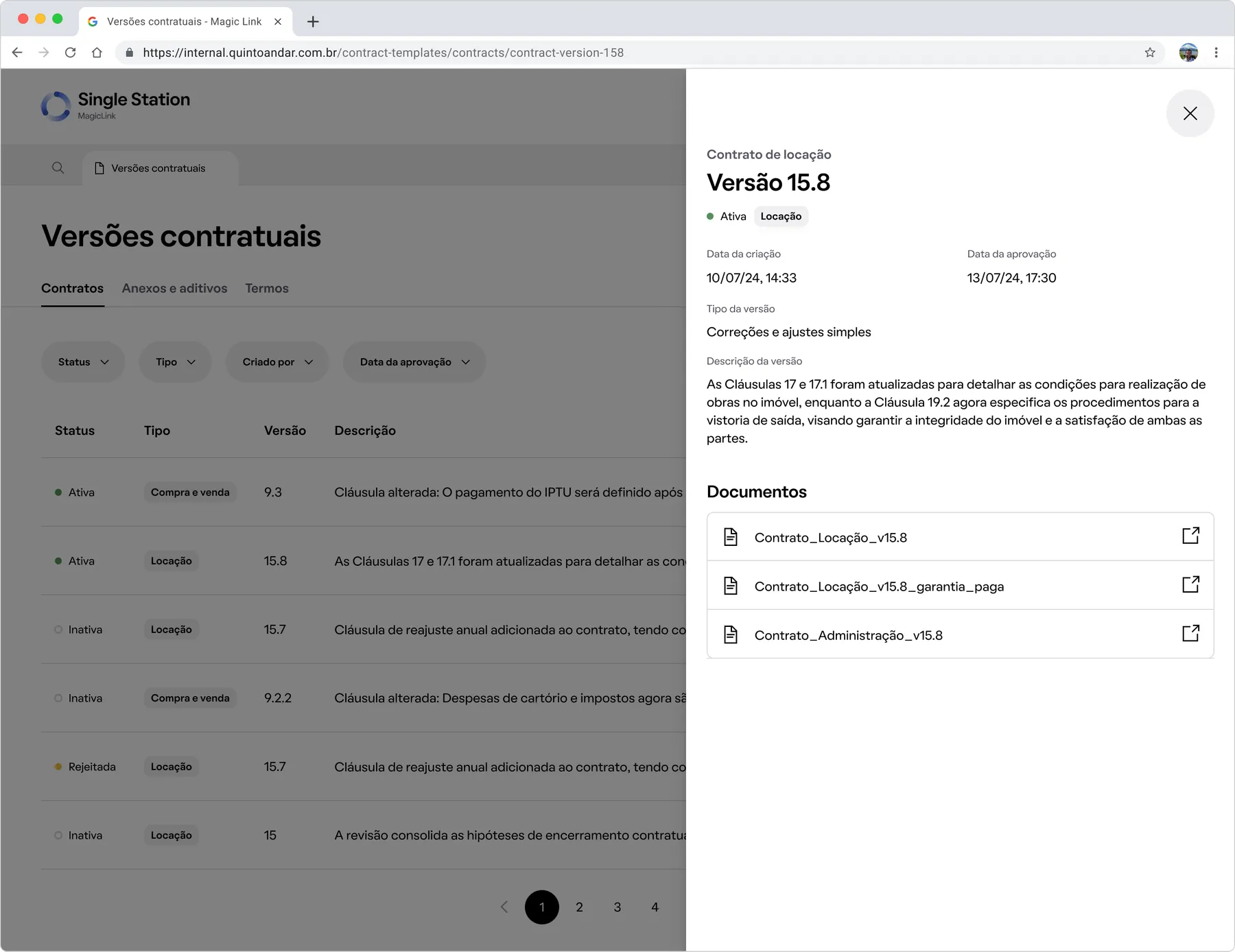 Contract template version details and approval status