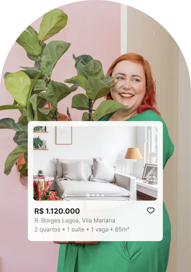 Portrait of a woman behind a plant, with a floating property listing card