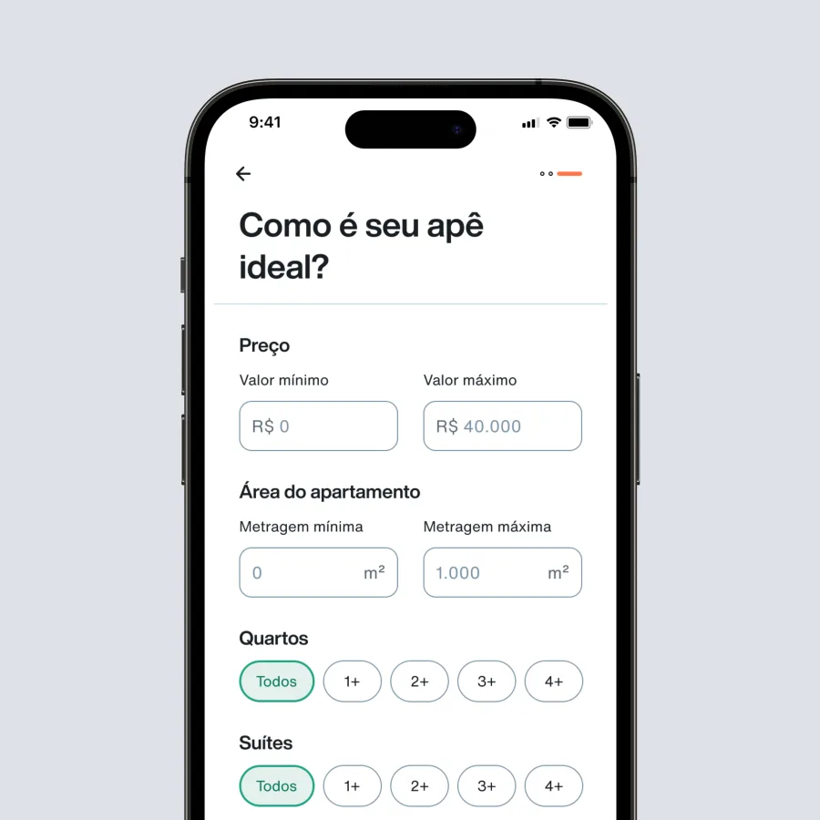 Property criteria filter screen: price, area, bedrooms, suites and parking